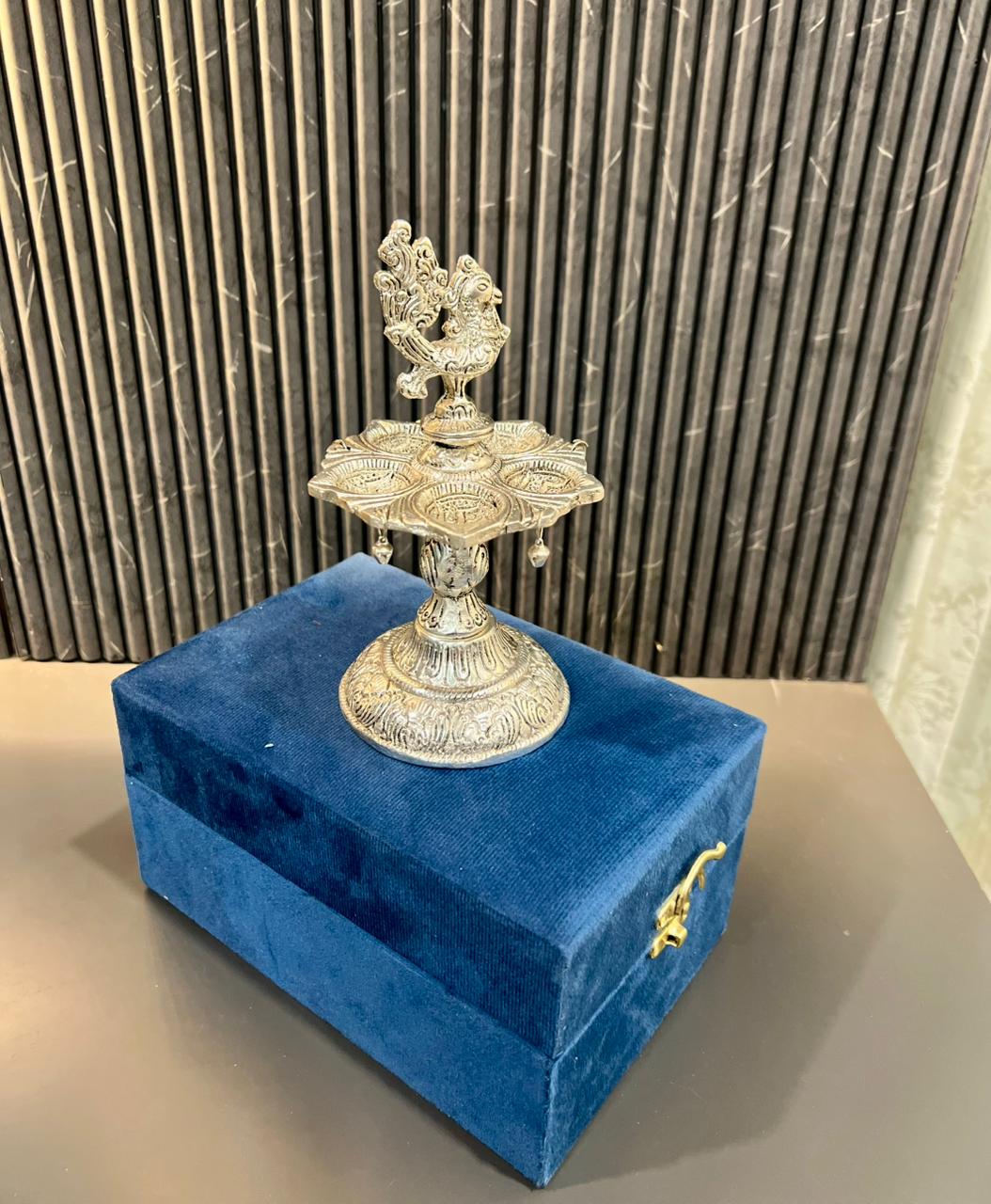 Exclusive German Silver Peacock Samai Deepak With Premium Velvet Box Packing
