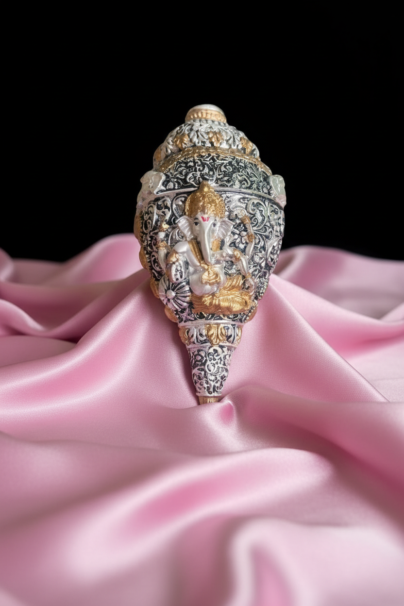Exclusive German Silver Gold/Silver Plated Ganesh Shankh Velvet Gift Box