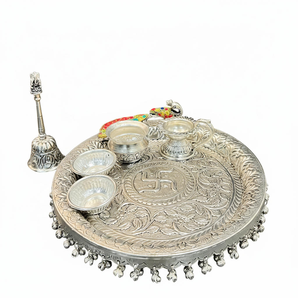 German Silver Peacock Hand-Engraved Swastik Puja Thali Set