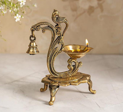 Brass Peacock Diya With Bell