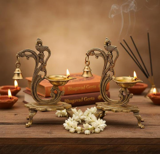 Brass Peacock Diya With Bell