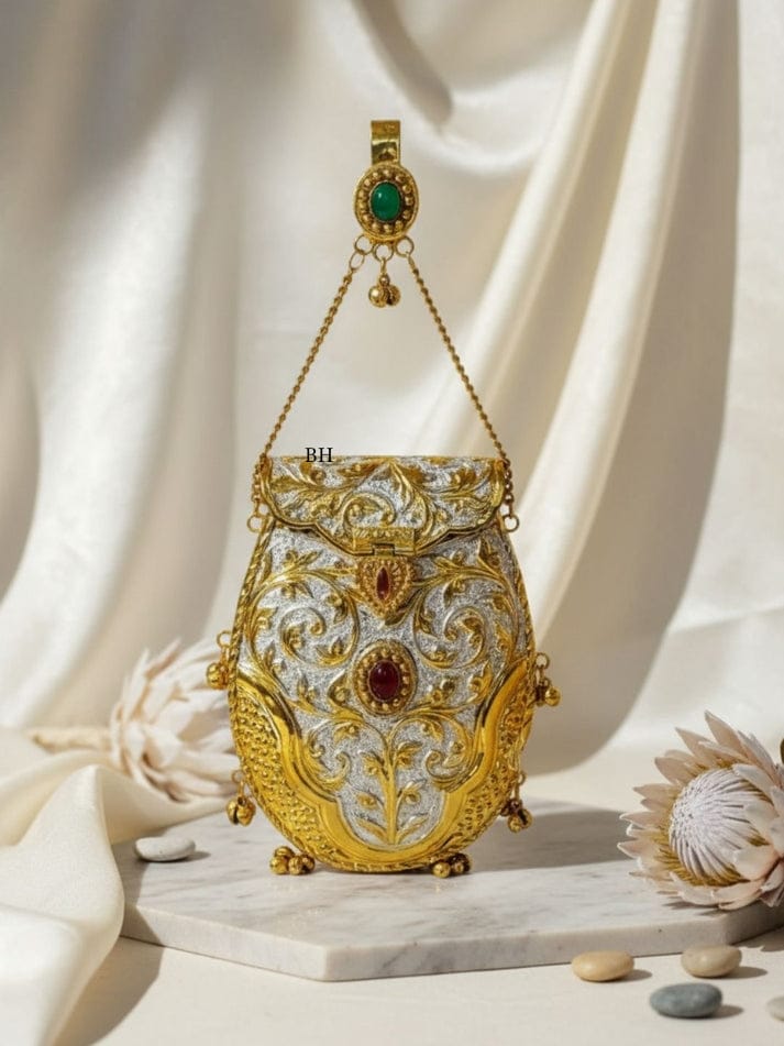 Exclusive Kundan And Meenakari Hand Carved High quality German Silver purse