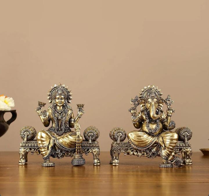Brass Lord Ganesha And  Goddess Lakshmi On Singhasan