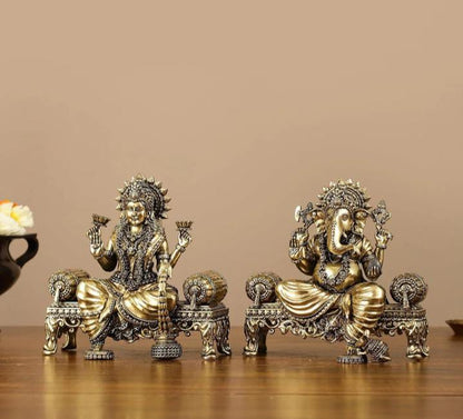 Brass Lord Ganesha And  Goddess Lakshmi On Singhasan