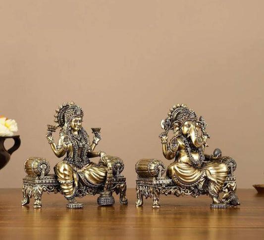 Brass Lord Ganesha And  Goddess Lakshmi On Singhasan