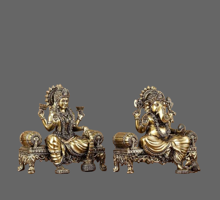 Brass Lord Ganesha And  Goddess Lakshmi On Singhasan