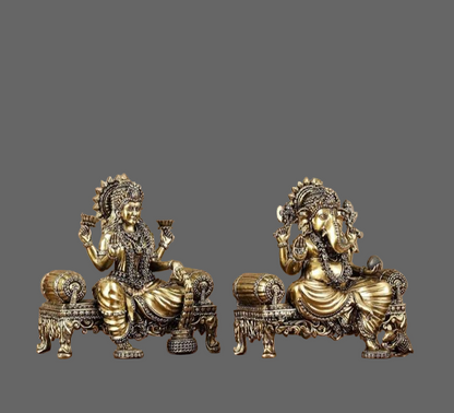 Brass Lord Ganesha And  Goddess Lakshmi On Singhasan