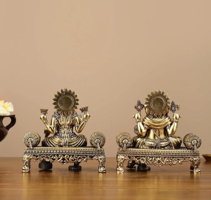 Brass Lord Ganesha And  Goddess Lakshmi On Singhasan