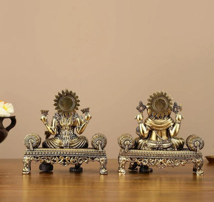 Brass Lord Ganesha And  Goddess Lakshmi On Singhasan
