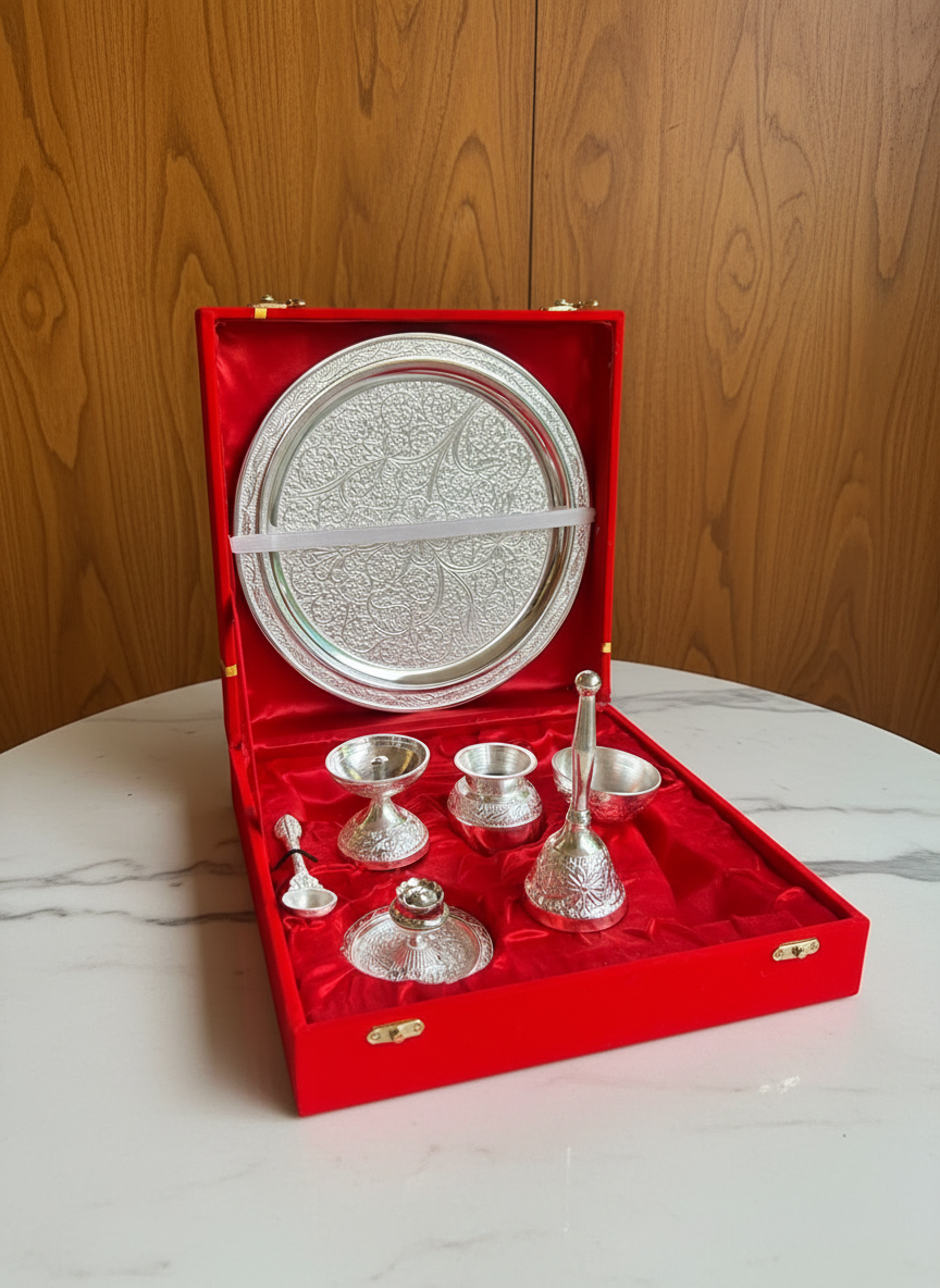 German Silver Silvery Shiny Pooja Thali set With Velvet Box