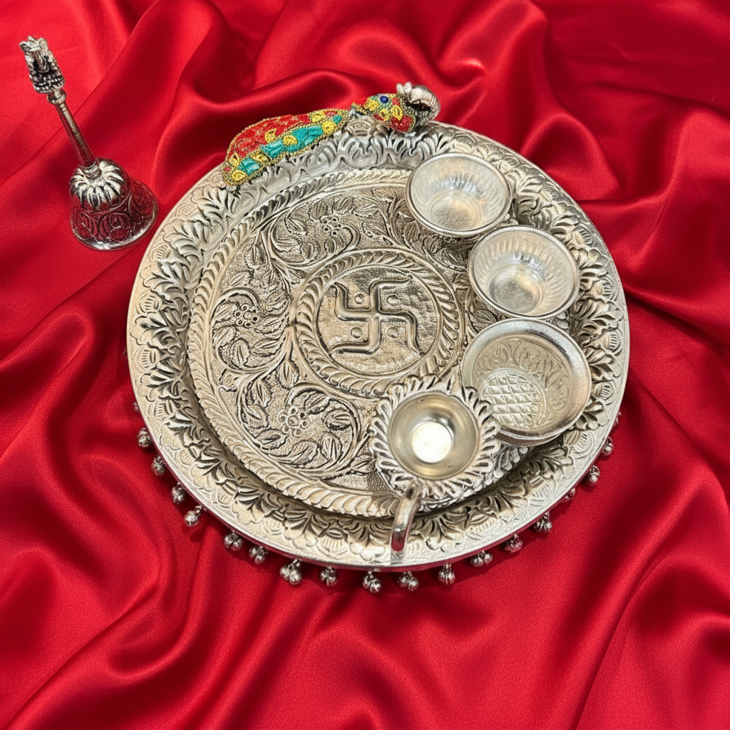 Exclusive German Silver Peacock Hand Engraved Swastik Puja Thali Set