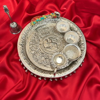 Exclusive German Silver Peacock Hand Engraved Swastik Puja Thali Set