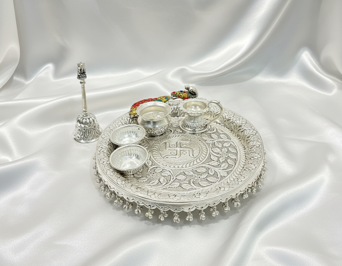Exclusive German Silver Peacock Hand Engraved Swastik Puja Thali Set