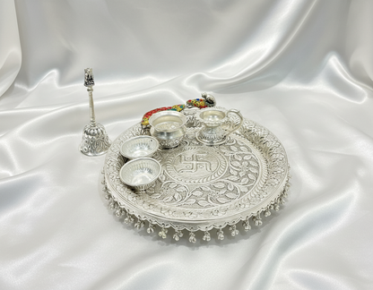Exclusive German Silver Peacock Hand Engraved Swastik Puja Thali Set