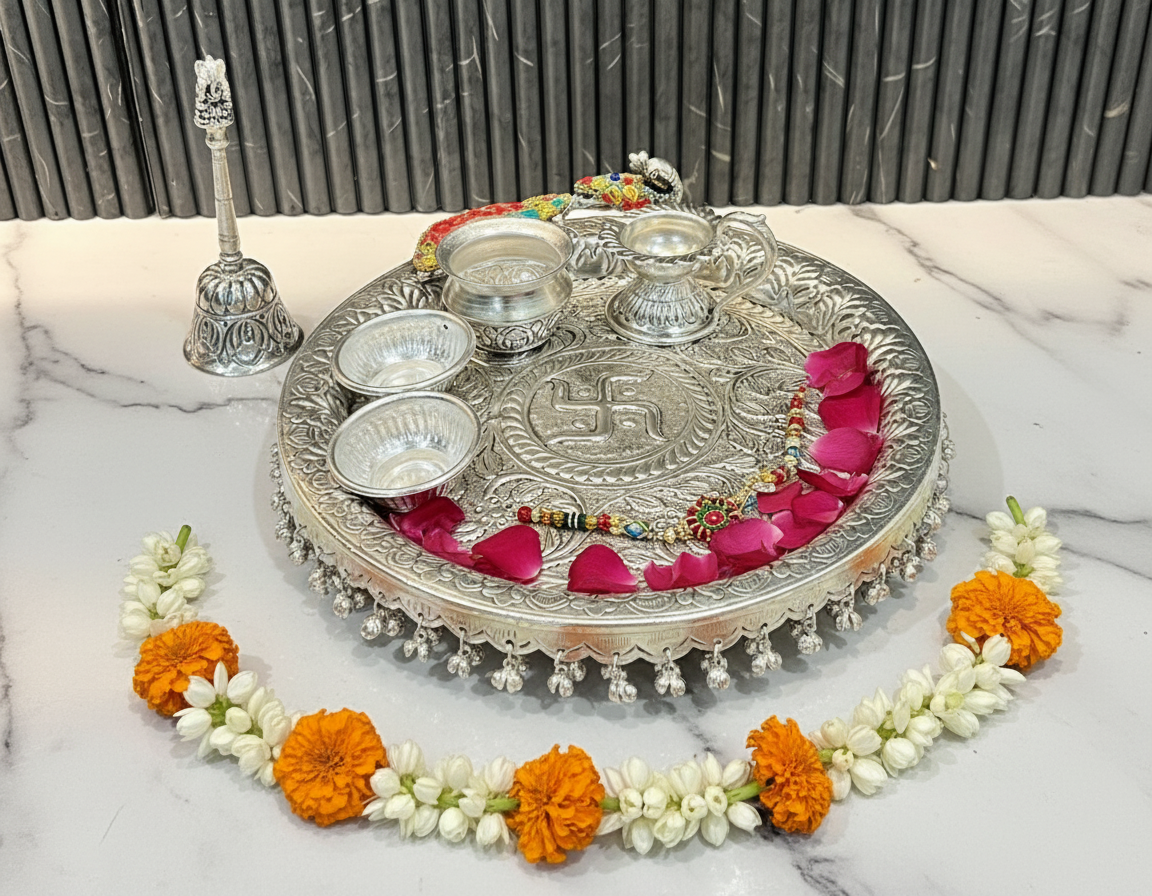 Exclusive German Silver Peacock Hand Engraved Swastik Puja Thali Set