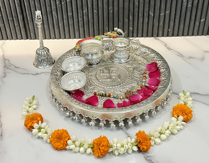 Exclusive German Silver Peacock Hand Engraved Swastik Puja Thali Set