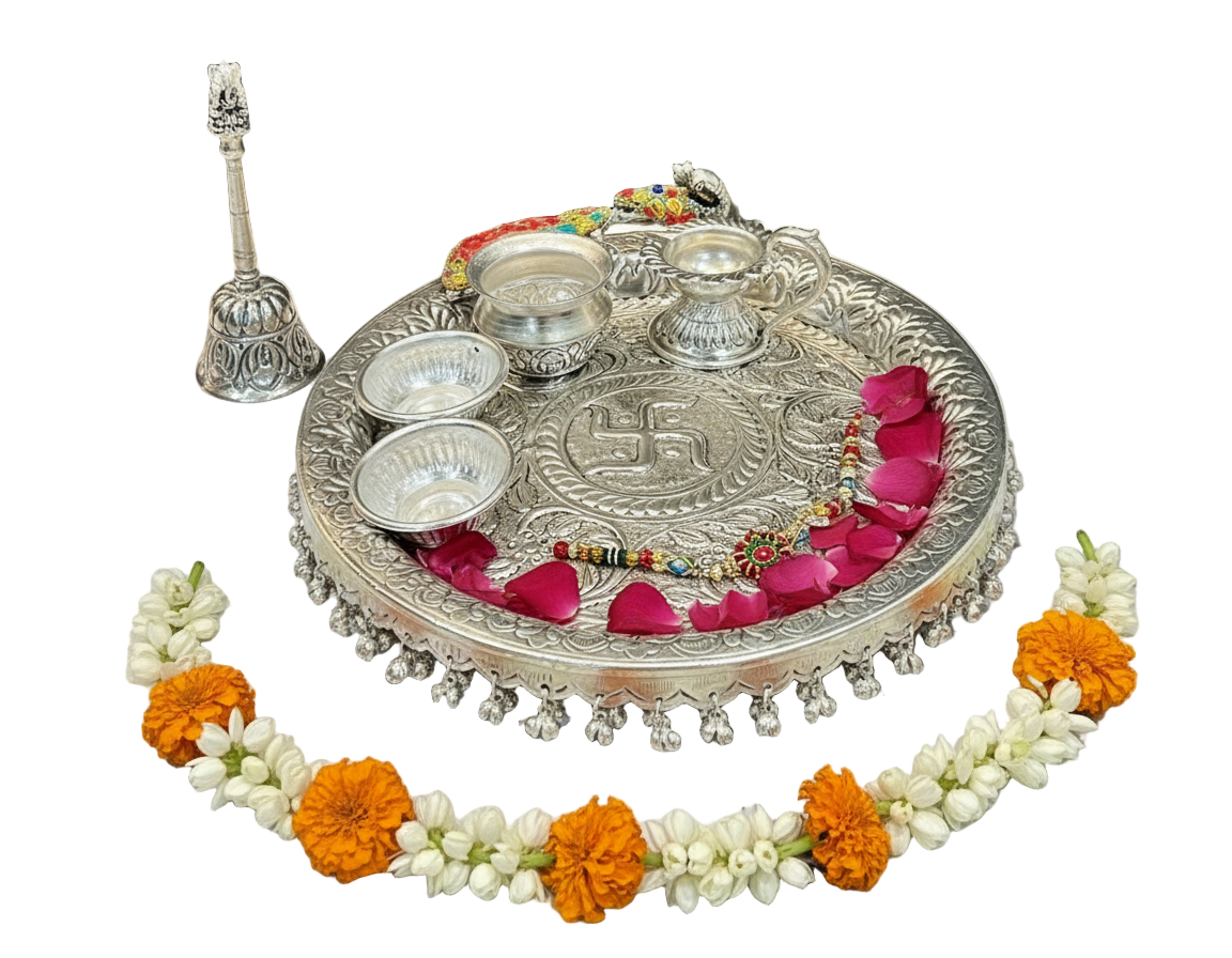 Exclusive German Silver Peacock Hand Engraved Swastik Puja Thali Set