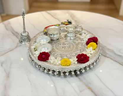 Exclusive German Silver Peacock Hand Engraved Swastik Puja Thali Set