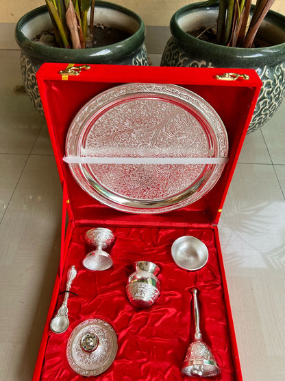 German Silver Silvery Shiny Pooja Thali set With Velvet Box