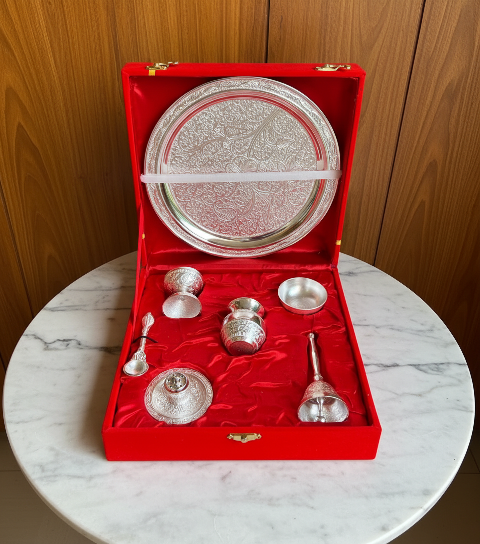 German Silver Silvery Shiny Pooja Thali set With Velvet Box