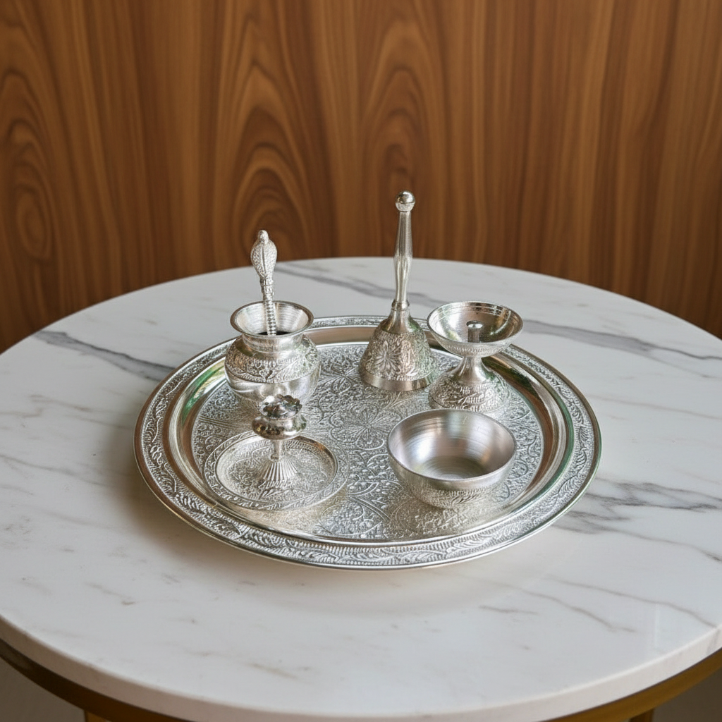 German Silver Silvery Shiny Pooja Thali set With Velvet Box