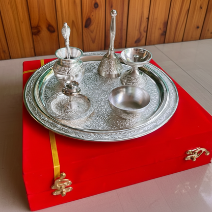 German Silver Silvery Shiny Pooja Thali set With Velvet Box