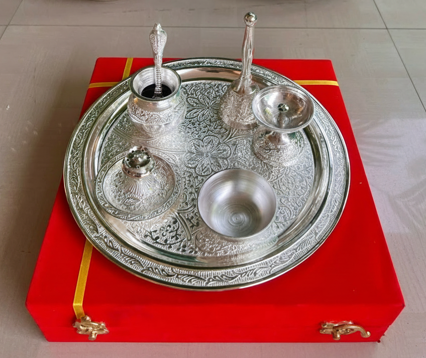 German Silver Silvery Shiny Pooja Thali set With Velvet Box