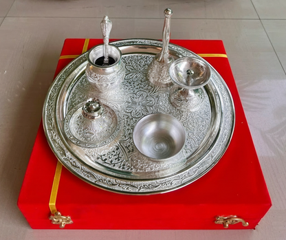 German Silver Silvery Shiny Pooja Thali set With Velvet Box