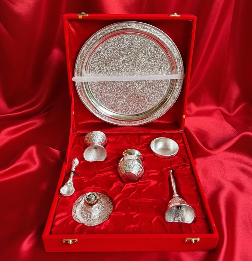 German Silver Silvery Shiny Pooja Thali set With Velvet Box