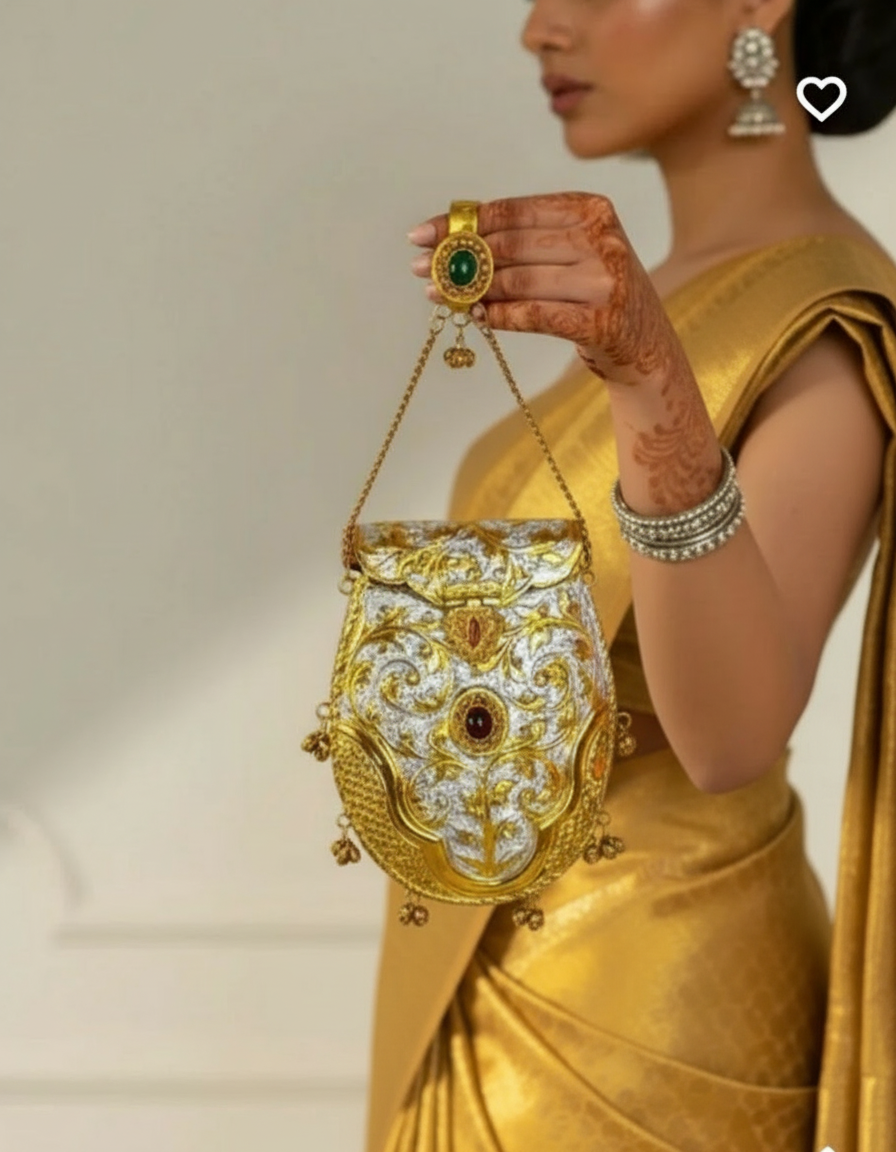 Exclusive Kundan And Meenakari Hand Carved High quality German Silver purse