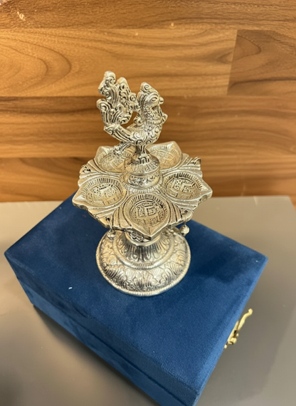 Exclusive German Silver Peacock Samai Deepak With Premium Velvet Box Packing