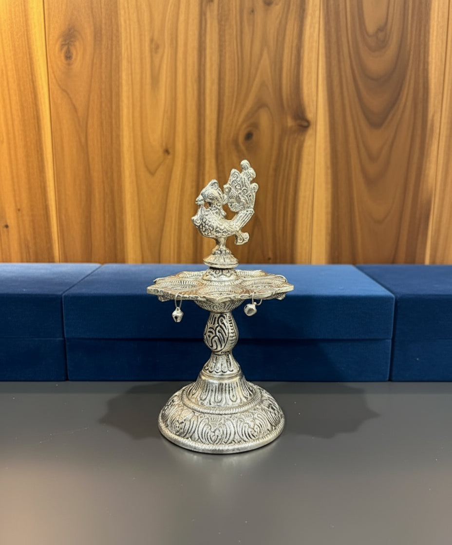 Exclusive German Silver Peacock Samai Deepak With Premium Velvet Box Packing
