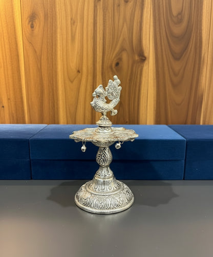 Exclusive German Silver Peacock Samai Deepak With Premium Velvet Box Packing