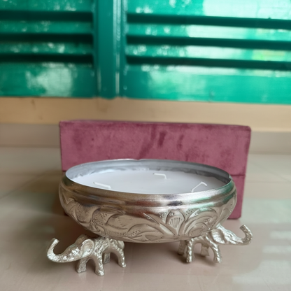 Elegant German Silver 3 Face Elephant Urli With Wax (Velvet Box Packing)
