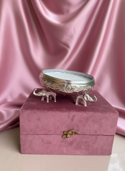 Elegant German Silver 3 Face Elephant Urli With Wax (Velvet Box Packing)