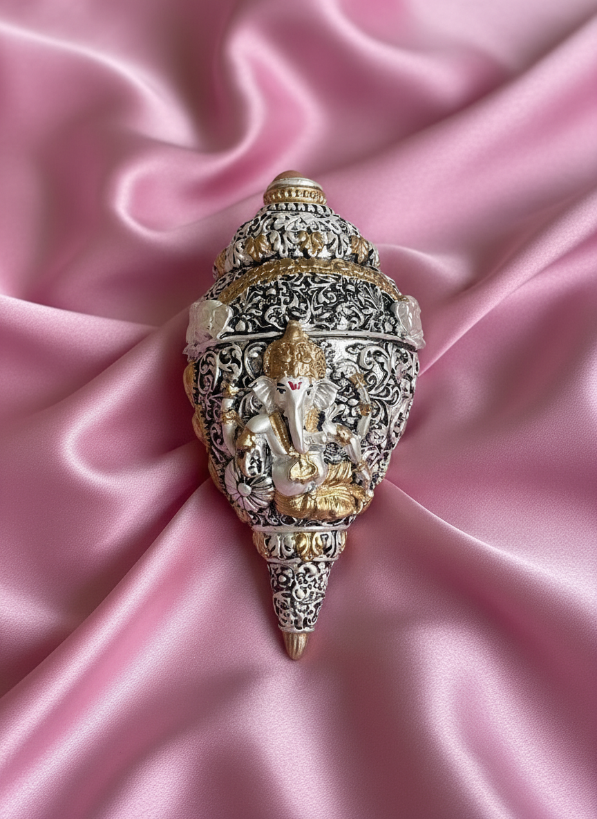 Exclusive German Silver Gold/Silver Plated Ganesh Shankh Velvet Gift Box