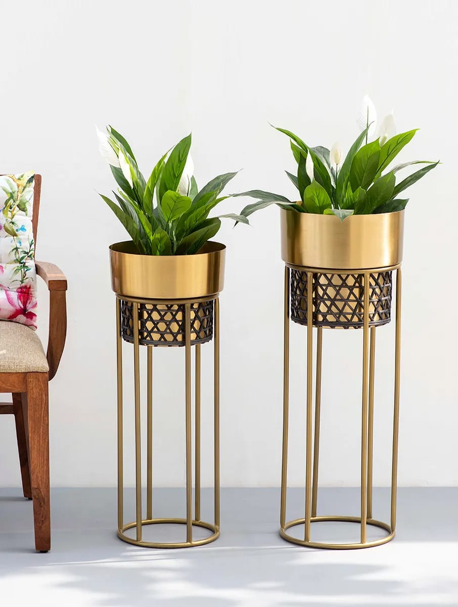 Gold Planter With Cane weaving Set Of 2