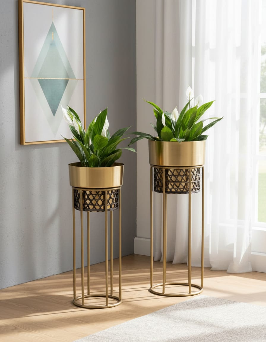 Gold Planter With Cane weaving Set Of 2