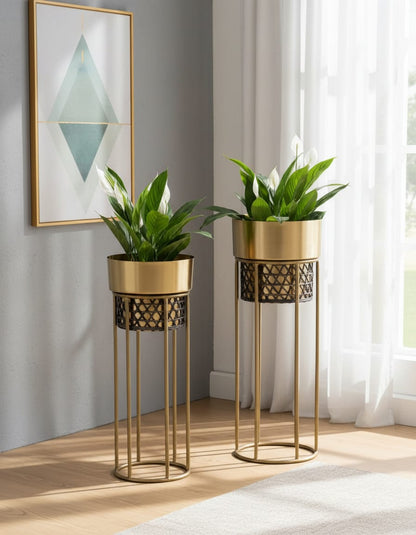 Gold Planter With Cane weaving Set Of 2