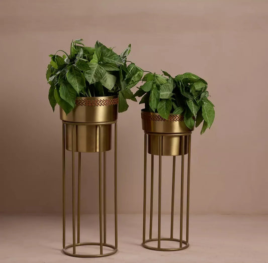Gold Planter With Cane weaving Set Of 2
