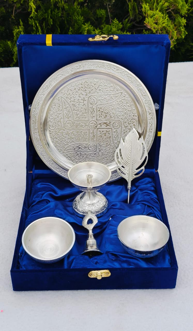 German Silver Pooja Thali Set with Velvet Box – Premium Silver Finish