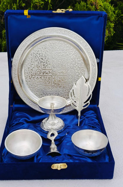 German Silver Pooja Thali Set with Velvet Box – Premium Silver Finish