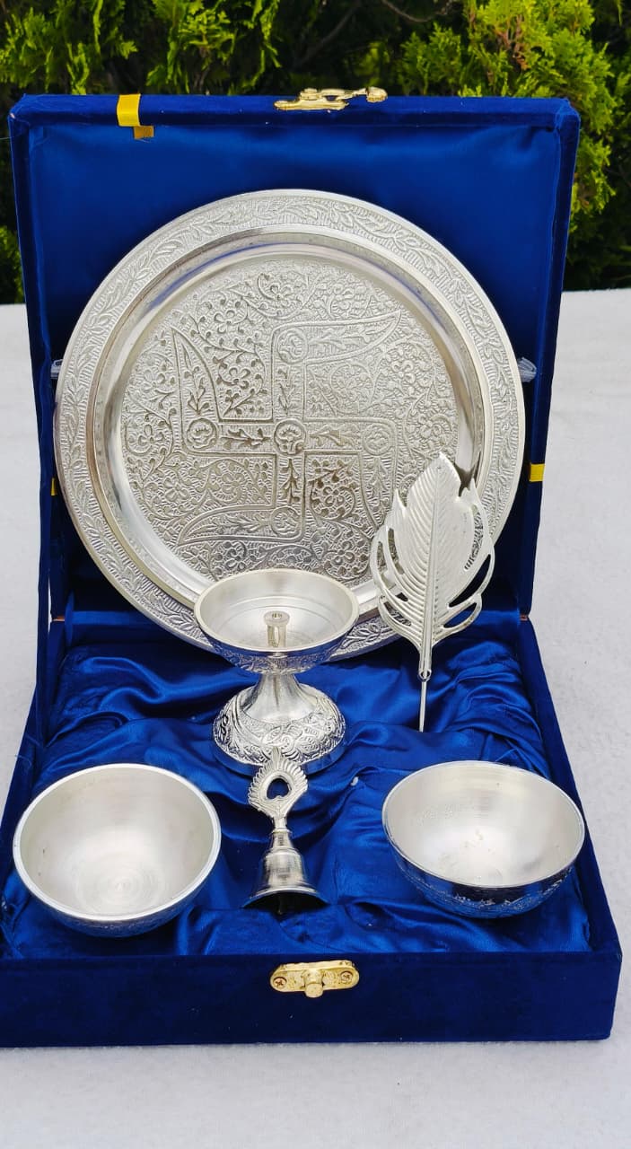 German Silver Pooja Thali Set with Velvet Box – Premium Silver Finish
