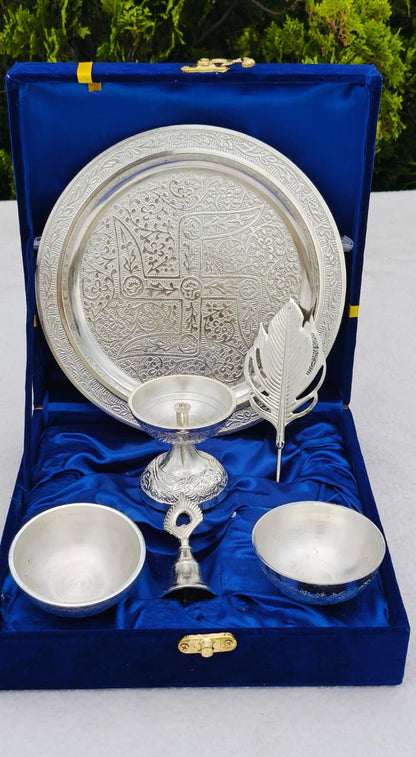 German Silver Pooja Thali Set with Velvet Box – Premium Silver Finish
