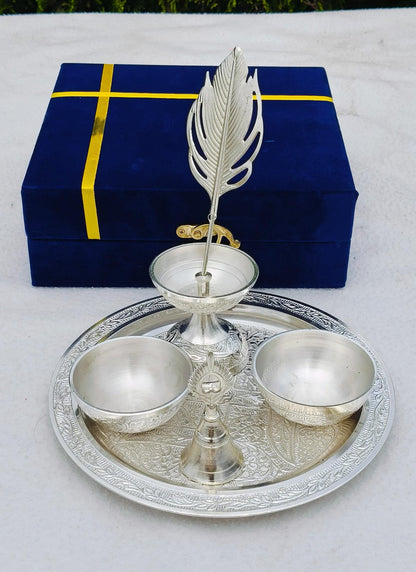 German Silver Pooja Thali Set with Velvet Box – Premium Silver Finish