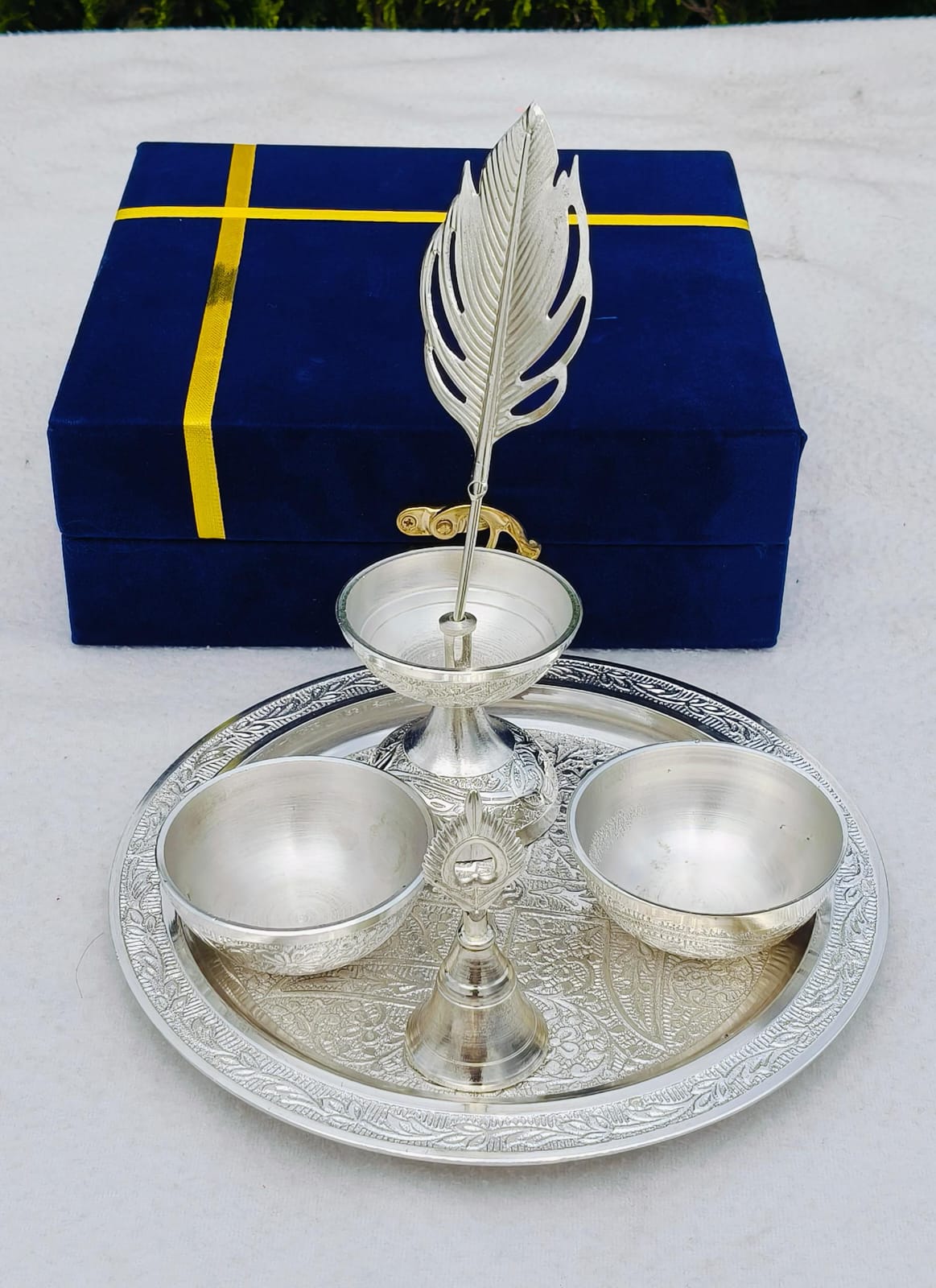 German Silver Pooja Thali Set with Velvet Box – Premium Silver Finish