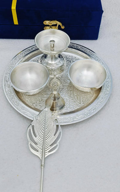 German Silver Pooja Thali Set with Velvet Box – Premium Silver Finish