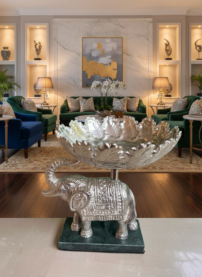 Exclusive German Silver Elephant Fruit Bowl / Urli with Marble Stand
