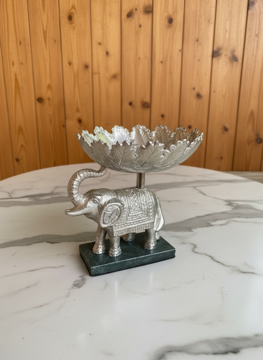 Exclusive German Silver Elephant Fruit Bowl / Urli with Marble Stand