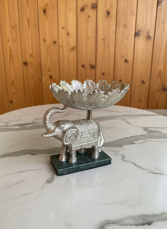 Exclusive German Silver Elephant Fruit Bowl / Urli with Marble Stand